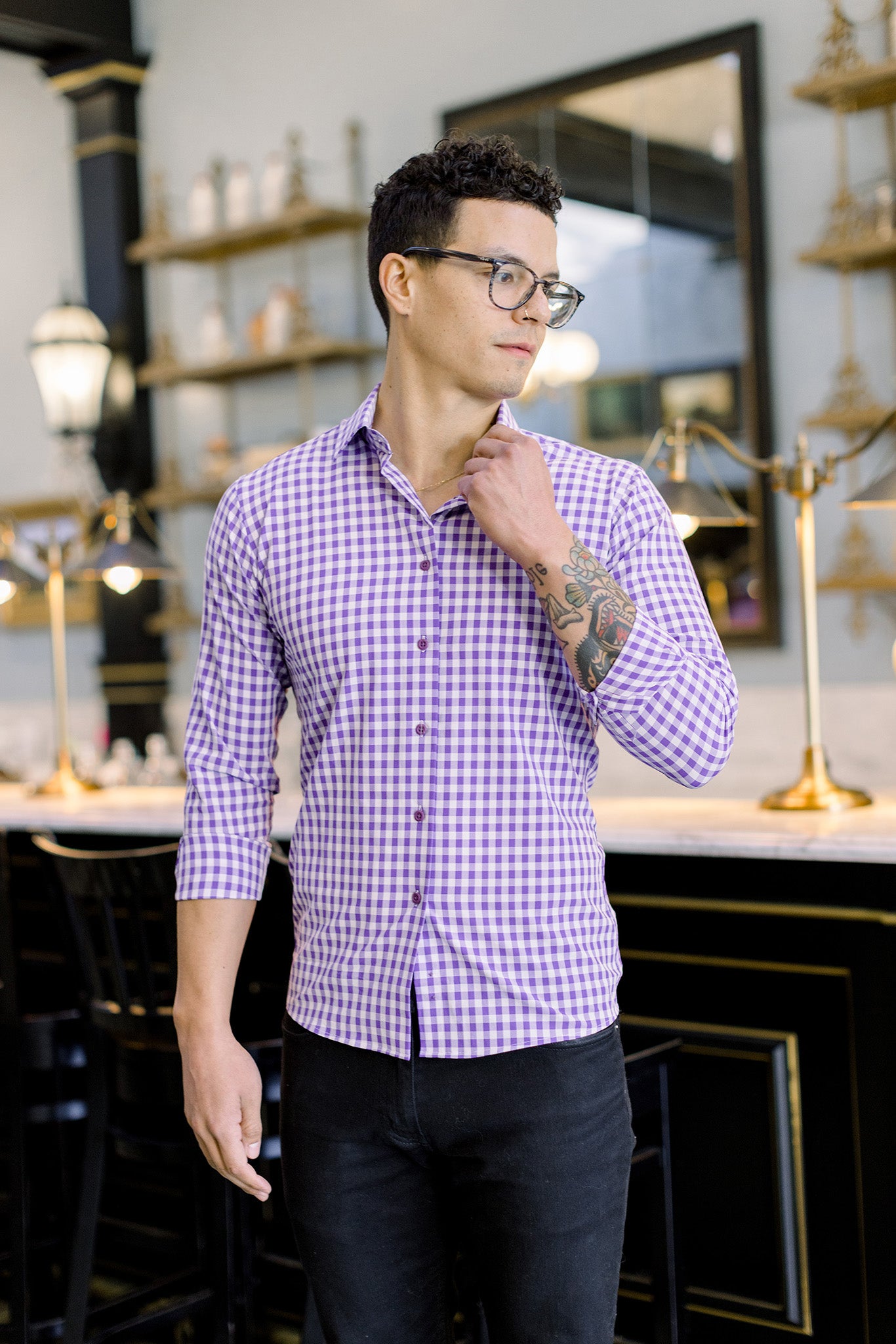 purple gingham dress shirt Proper Cloth Men's Non-Iron Lavender and Blue Multi Gingham Office Button Down Fitted Dress Shirt
